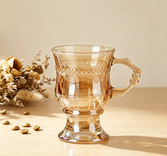 French Retro Textured Clear Glass Mug with Handle, Ideal for Whiskey & Flower Tea