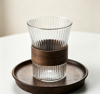 Vintage Fluted Funnel-Shaped Glass Tumbler, Insulated Wooden Band for Iced Latte & Fruit Tea