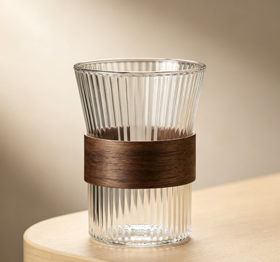 Vintage Fluted Funnel-Shaped Glass Tumbler, Insulated Wooden Band for Iced Latte & Fruit Tea