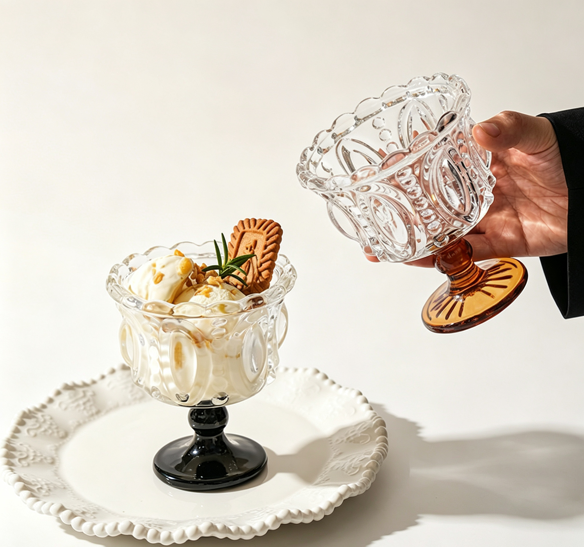 French Scalloped Rim Colored Base Goblet, Glass Tumbler for Pudding, Mousse & Milkshake