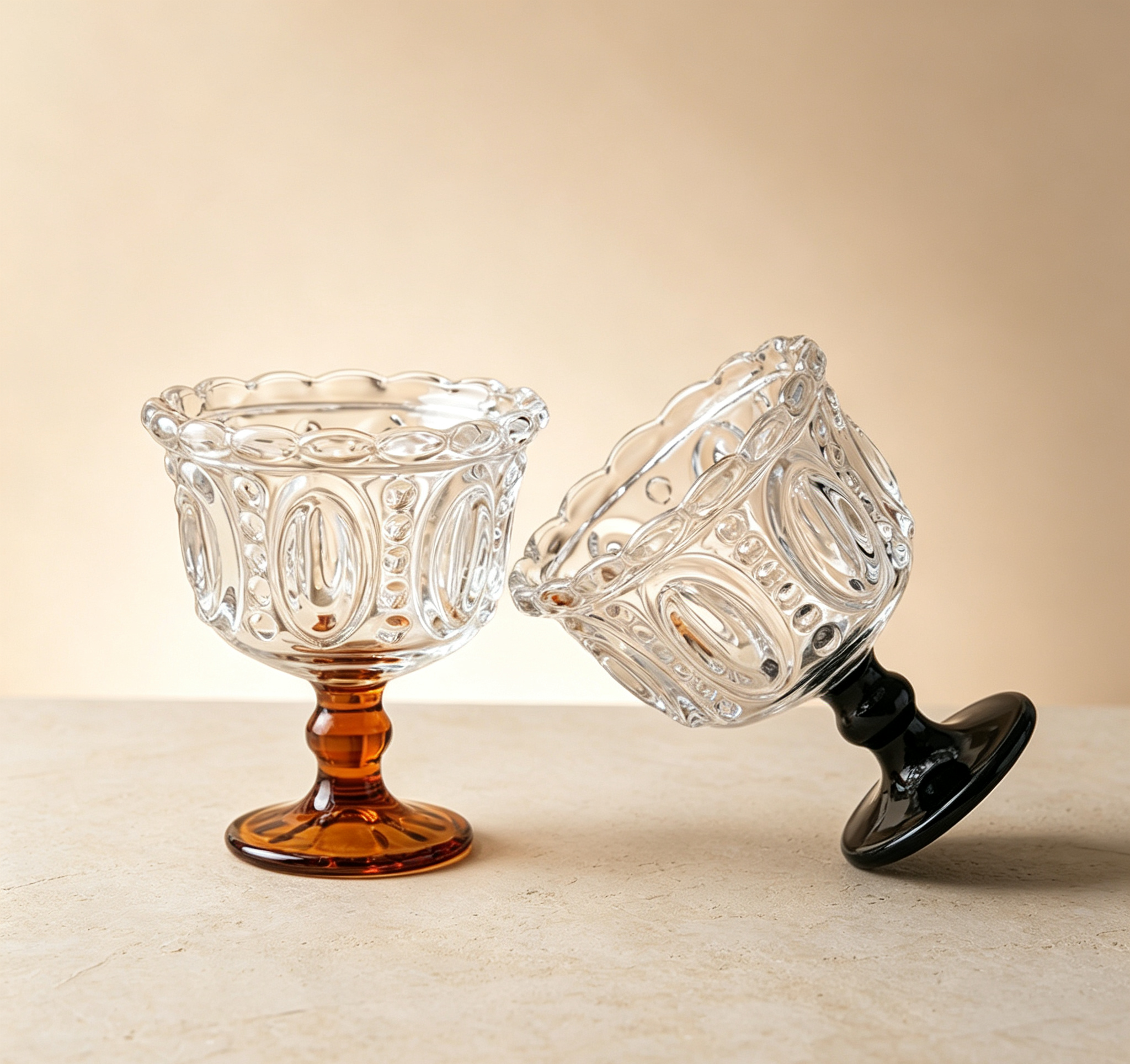 French Scalloped Rim Colored Base Goblet, Glass Tumbler for Pudding, Mousse & Milkshake