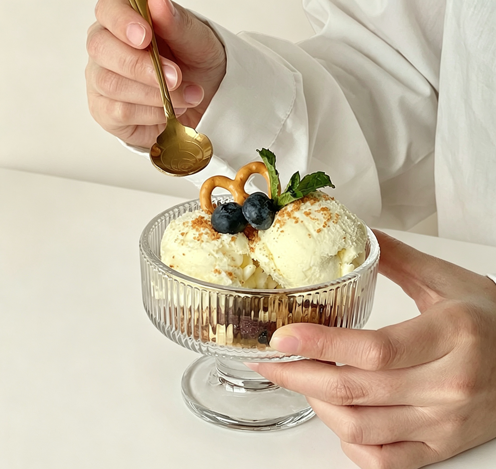 French Fluted Rim Footed Dessert Goblet, Aesthetic Transparent Glass Bowl for Milkshake & Oatmeal