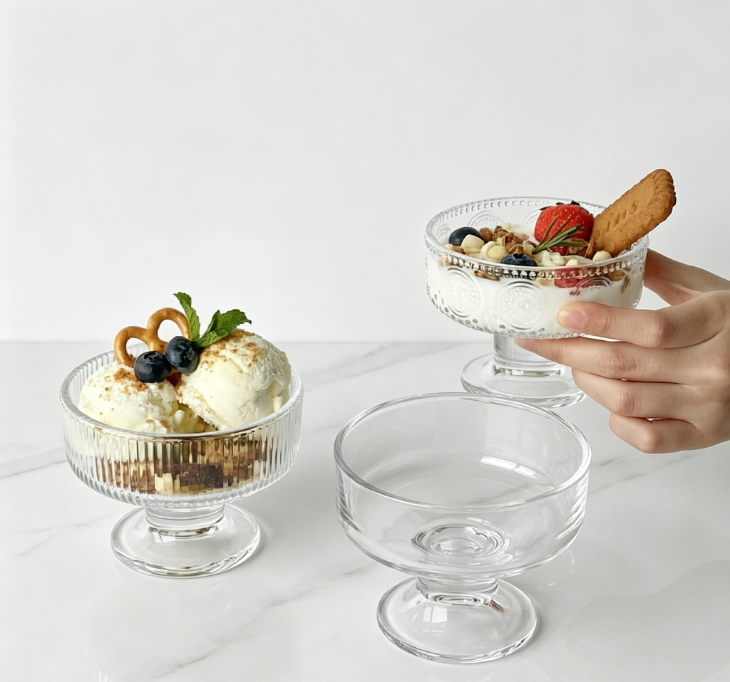 French Fluted Rim Footed Dessert Goblet, Aesthetic Transparent Glass Bowl for Milkshake & Oatmeal