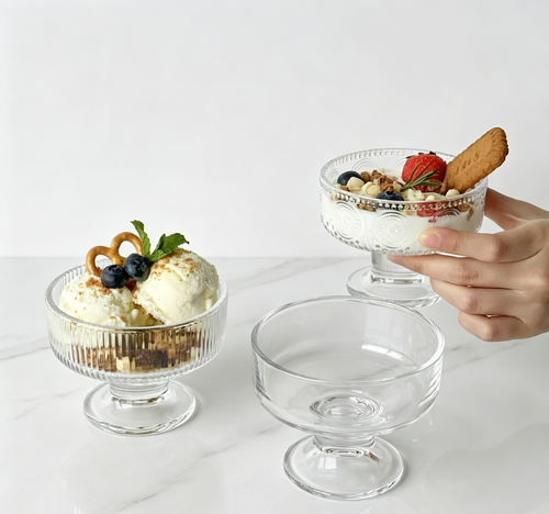 French Fluted Rim Footed Dessert Goblet, Aesthetic Transparent Glass Bowl for Milkshake & Oatmeal