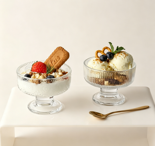 French Fluted Rim Footed Dessert Goblet, Aesthetic Transparent Glass Bowl for Milkshake & Oatmeal